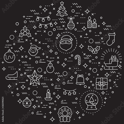 Simple Set of Christmas and holiday Related Vector Line Illustrations. Contains such Icons as winter, celebration, tree, snow, x-mas, ornament, Santa Claus and more. 