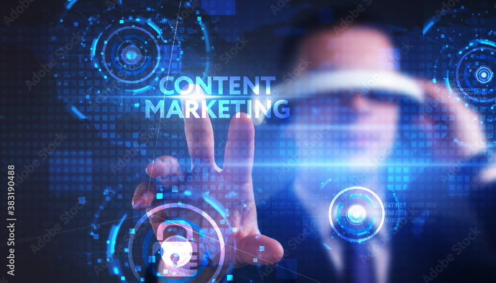 Obraz premium Business, technology, internet and network concept. Young businessman thinks over the steps for successful growth: Content marketing