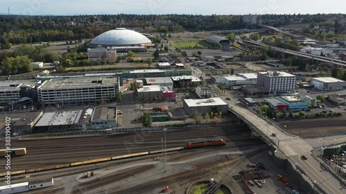 Aerial / drone footage of the Tacoma dome, downtown by Puget Sound, a large city near Seattle in Western Washington, Pacific Northwest, an administrative and economic center of Pierce County photo