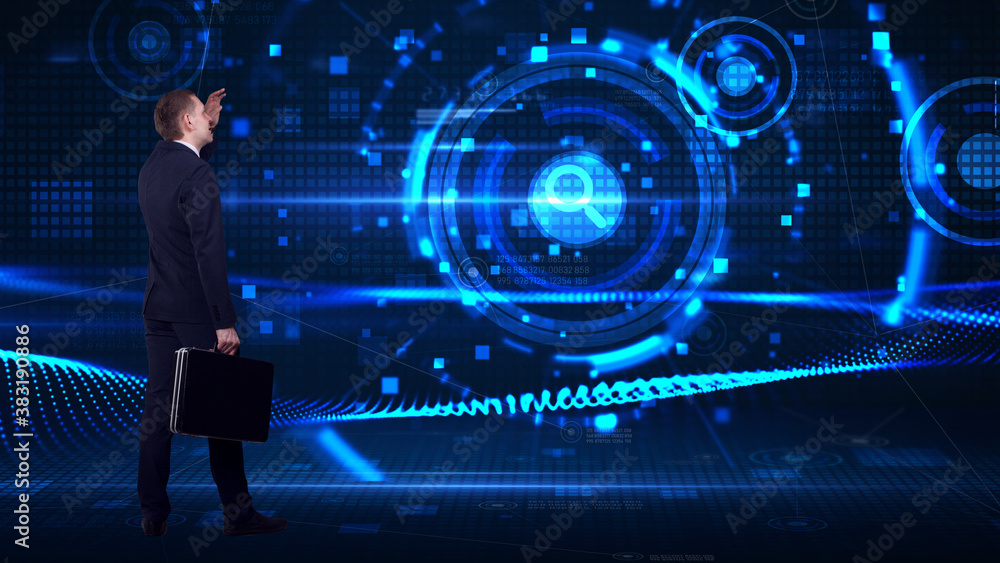 Business, technology, internet and network concept. Young businessman thinks over the steps for successful growth: Business, technology, internet and network concept. Young businessman thinks over the steps for successful growth:
