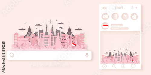 Indonesia Travel Ticket Postcard, poster, tour advertising of world-famous landmarks of Indonesia. Vector illustration.