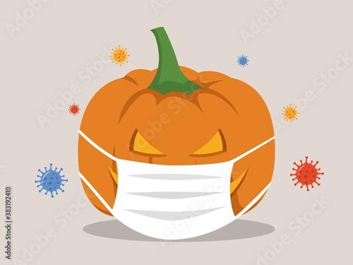 Halloween in COVID-19 Coronavirus pandemic concept, horror halloween pumpkin wear face mask with Virus pathogen around.