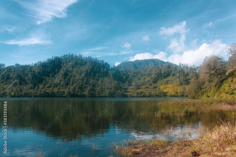 Mountain Landscape with lake at Ranu Kumbolo Semeru Volcano Mountain, East Java, Indonesia.