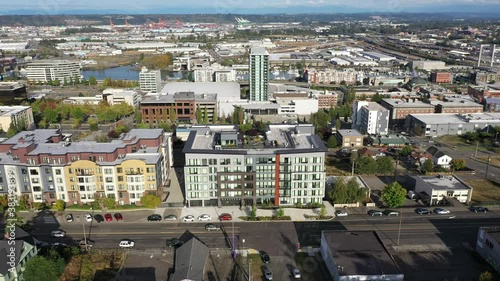 Aerial / drone footage of Tacoma downtown, waterfront by Puget Sound, a large city near Seattle in Western Washington, Pacific Northwest, an administrative and economic center of Pierce County photo