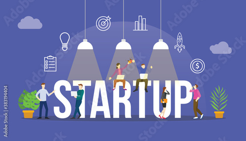 startup business concept with team people and modern icon object modern flat with big text or word