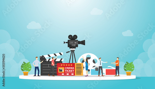 cinema movie festival with various movie object with people discussion with modern flat style
