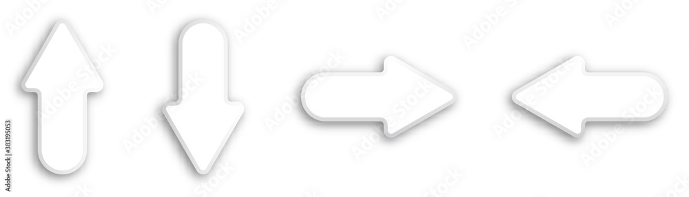 set of white 3d arrows on white background. Direction of movement up, down, right, left. Direction pointers for charts and infographics. Easily editable color, suitable for any background. Vector set of white 3d arrows on white background. Direction of movement up, down, right, left. Direction pointers for charts and infographics. Easily editable color, suitable for any background. Vector
