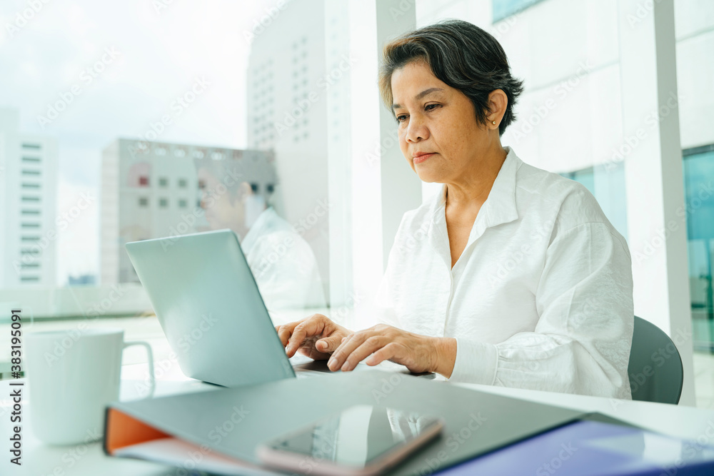 Old senior businesswoman working on laptop computer in office room. Old senior businesswoman working on laptop computer in office room.
