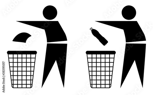Tidy, stick man throws garbage into trash bin. Keeping order reminder. Waste recycling. Caring for environment. Vector symbol