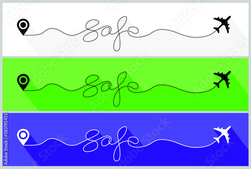Safe airplane flight. Safety travel,  safety flight. "Safe" text dashed line trace and plane routes. safety airplane path, flight air dotted safe flight drawing best vector illustration