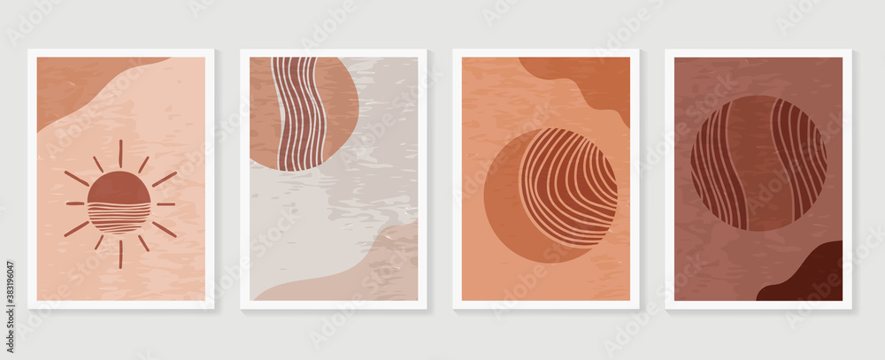 Mountain wall art vector set. Earth tones landscapes backgrounds set with moon and sun.  Abstract Plant Art design for print, cover, wallpaper, Minimal and  natural wall art.