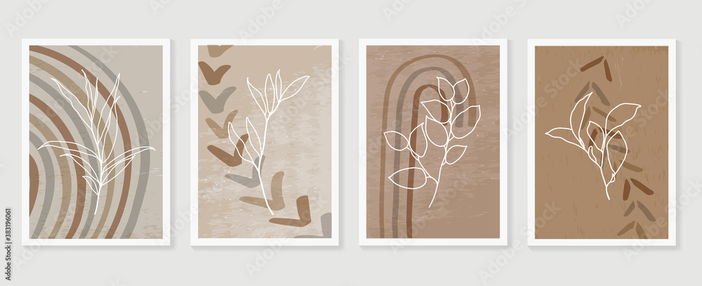 Botanical and golden line wall art vector set. Earth tone boho foliage line art drawing with  abstract shape.  Abstract Plant Art design for print, cover, wallpaper, Natural wall art..