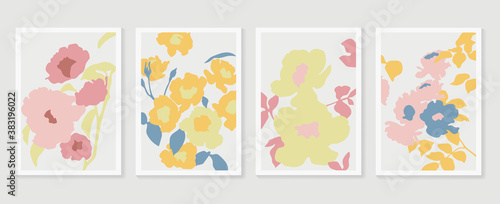 Botanical wall art vector set. Earth tone boho flower line art drawing with  abstract shape.  Abstract Plant Art design for print, cover, wallpaper, Minimal and  natural wall art.