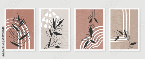 Botanical wall art vector set. Earth tone boho foliage line art drawing with  abstract shape.  Abstract Plant Art design for print, cover, wallpaper, Minimal and  natural wall art..