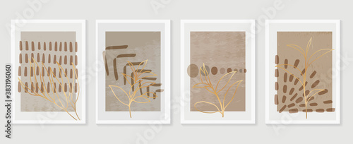 Botanical and golden line wall art vector set. Earth tone boho foliage line art drawing with  abstract shape.  Abstract Plant Art design for print, cover, wallpaper, Natural wall art..