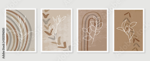 Botanical and golden line wall art vector set. Earth tone boho foliage line art drawing with  abstract shape.  Abstract Plant Art design for print, cover, wallpaper, Natural wall art..