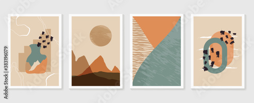 Mountain and Botanical wall art vector set. Earth tones landscapes backgrounds set with moon and sun. Abstract Plant Art design for print, cover, wallpaper and  natural wall art.
