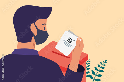 Young Man with Face Mask Putting Vote Paper into Election Box for General Regional or Presidential Election During Pandemic. Flat Design Cartoon Style Vector Illustration