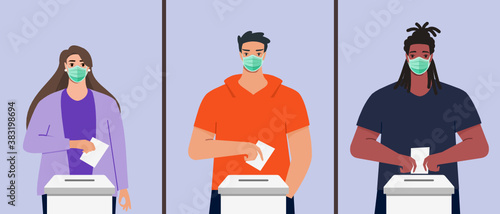 Man and Woman with Face Mask Put Vote Paper into Election Box for General Regional or Presidential Election During Pandemic Social Distancing. Big People Flat Design Cartoon Style Vector Illustration