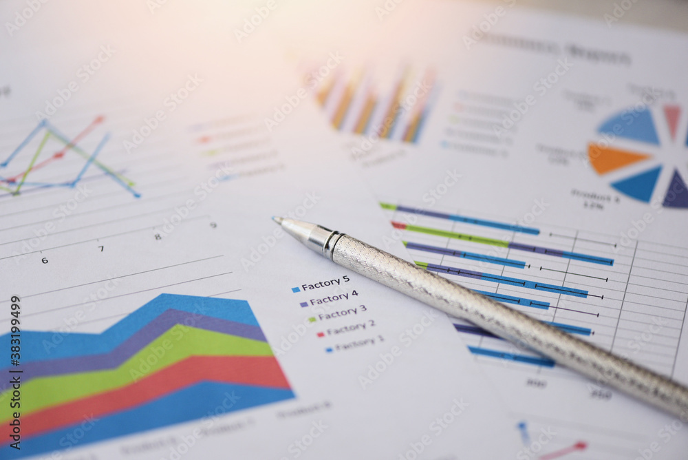 Summary report in Statistics circle Pie chart on paper business document financial chart and graph with pen - Business report chart preparing graphs concept Summary report in Statistics circle Pie chart on paper business document financial chart and graph with pen - Business report chart preparing graphs concept