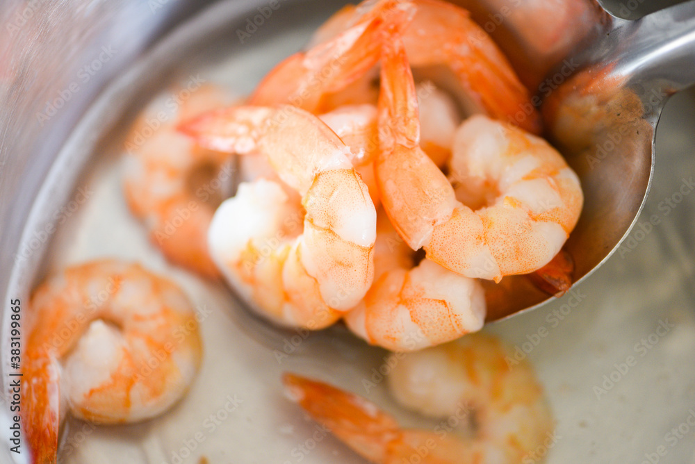 Boiled shrimps prawns on hot pot for cooking seafood / Boiled shrimps prawns on hot pot for cooking seafood /