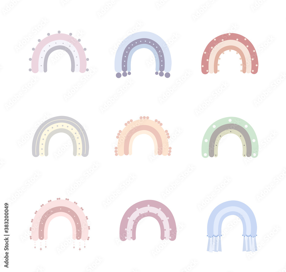 Rainbow in boho style. Cute rainbows in pastel colors. Scandinavian printable poster for playroom and kids. Doodle art elements. Modern vector illustration. Boho wall decor. Rainbow in boho style. Cute rainbows in pastel colors. Scandinavian printable poster for playroom and kids. Doodle art elements. Modern vector illustration. Boho wall decor.