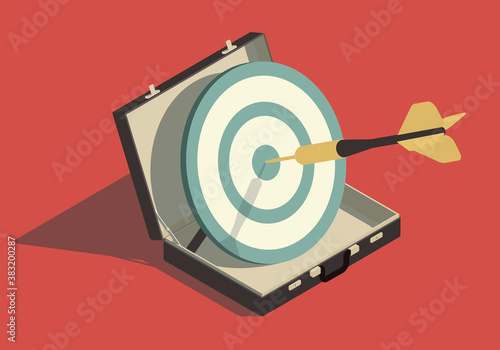 Isometric goal concept with target, dart arrow and briefcase on red background