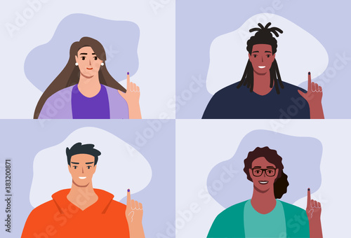 Man and Woman Showing Index Finger with Indelible Electoral Ink Stain after Voting General Regional or Presidential Election. Big People Flat Design Cartoon Style Vector Illustration