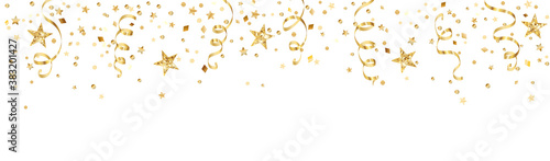 Celebration background with decoration isolated on white. Falling confetti, holiday border. Festive golden frame. For Christmas, New Year banners, birthday or wedding invitations, party flyers. Vector