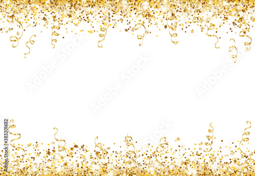 Celebration background with glitter decoration isolated on white. Falling confetti, holiday border. Festive golden frame. For Christmas, New Year banners, birthday or wedding party flyers. Vector.