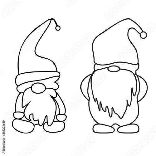 Doodle illustration with gnome outline christmas. Vector gnomes cartoons, black silhouettes isolated on white.