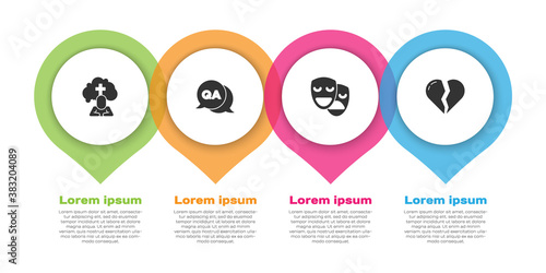 Set Man graves funeral sorrow, Question and Answer, Comedy tragedy masks and Broken heart divorce. Business infographic template. Vector.