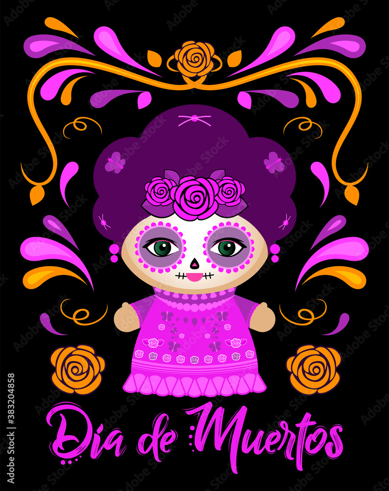 Dia de Muertos, Day of the Dead Spanish text Classic Mexican Catrina Doll and ornaments. Dia de Muertos, Day of the Dead Spanish text Classic Mexican Catrina Doll and ornaments.