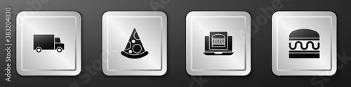 Set Fast delivery by car, Slice of pizza, Online ordering burger and Burger icon. Silver square button. Vector.
