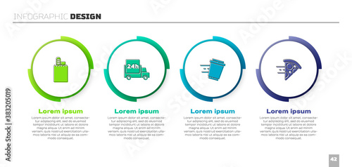Set Online ordering and delivery, Fast by car, Coffee cup to go and pizza. Business infographic template. Vector.