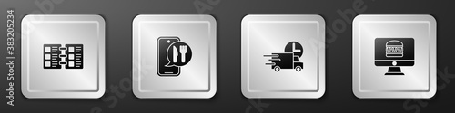 Set Restaurant cafe menu, Online ordering and delivery, Fast by car and icon. Silver square button. Vector.