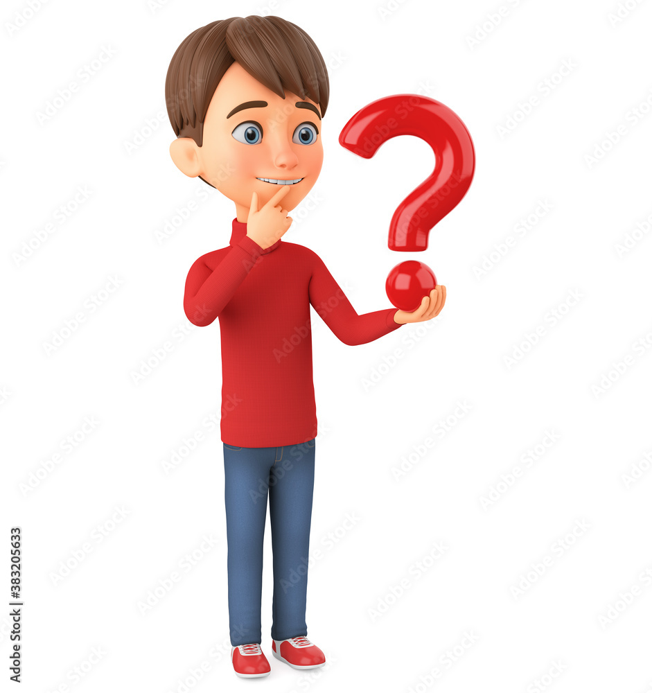 Cartoon character boy in winter clothes holding a big question mark on a white background. 3d render illustration. Illustrations for advertising. Cartoon character boy in winter clothes holding a big question mark on a white background. 3d render illustration. Illustrations for advertising.