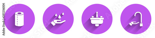 Set Paper towel roll, Washing hands with soap, Washbasin water tap and icon with long shadow. Vector.
