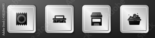 Set Condom in package safe sex, Brush for cleaning, Antiperspirant deodorant roll and Basin with soap suds icon. Silver square button. Vector.