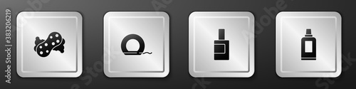 Set Sponge, Dental floss, Bottle for cleaning agent and icon. Silver square button. Vector.