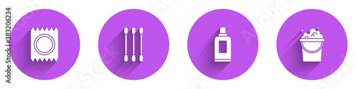 Set Condom in package safe sex, Cotton swab for ears, Bottle cleaning agent and Bucket with soap suds icon with long shadow. Vector.