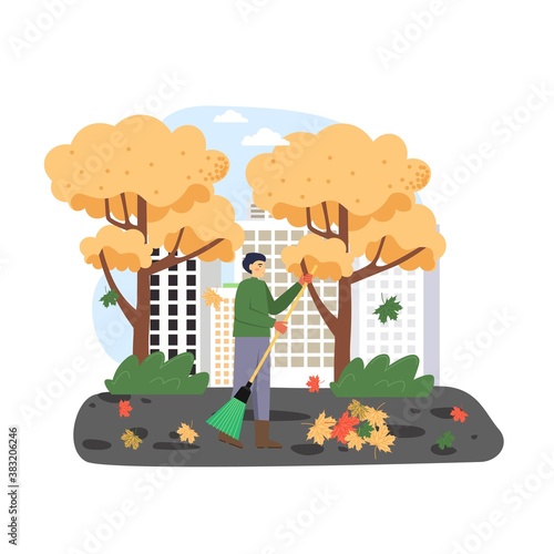 Autumn season. Man janitor cleaning street from falling autumn leaves with broom, flat vector illustration.