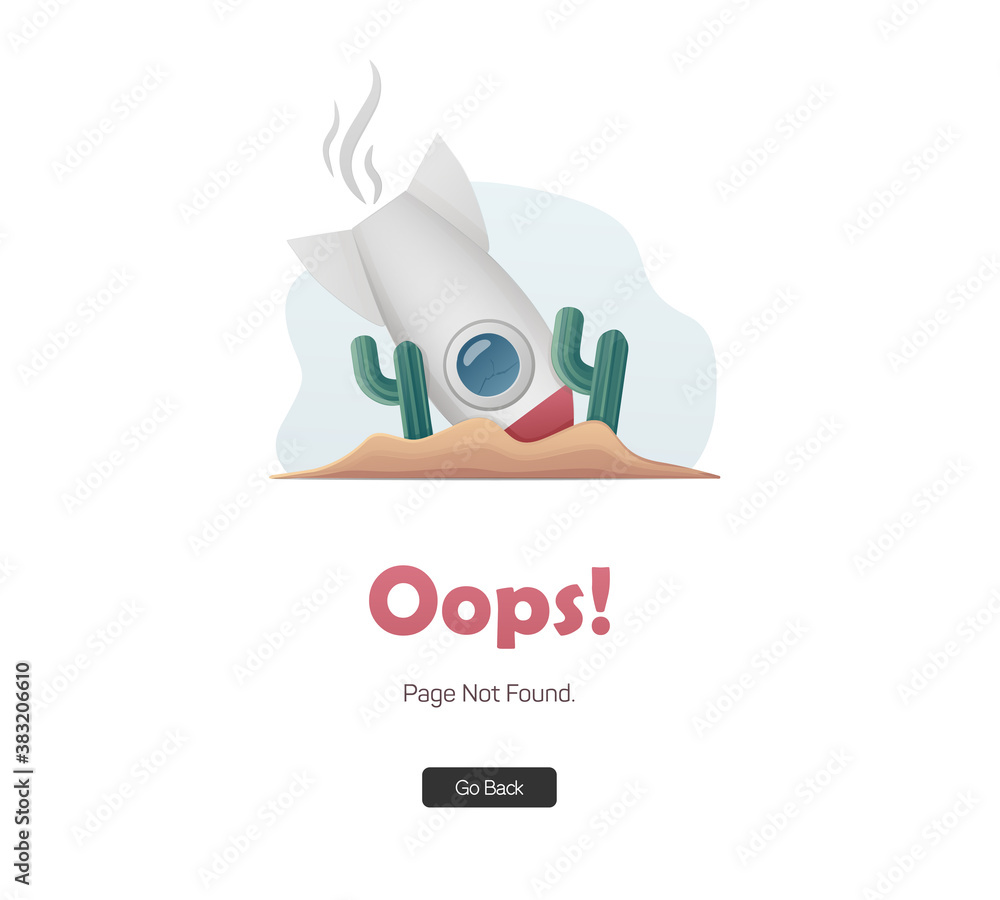 Naklejka premium Error 404 page. Oops! Sorry, page not found. Rocket and cactus. Flat illustration for web.