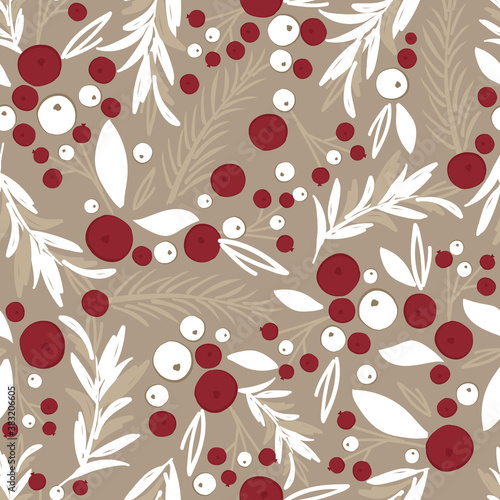 Seamless Christmas background with berry and leaves, vector illustration