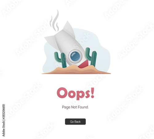 Error 404 page. Oops! Sorry, page not found. Rocket and cactus. Flat illustration for web.