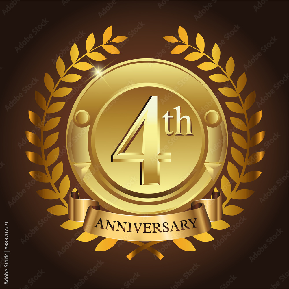 Naklejka premium 4th golden anniversary wreath ribbon logo