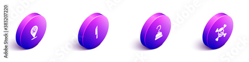 Set Isometric Pumpkin, Knife, Pirate hook and Skull on crossbones icon. Vector.