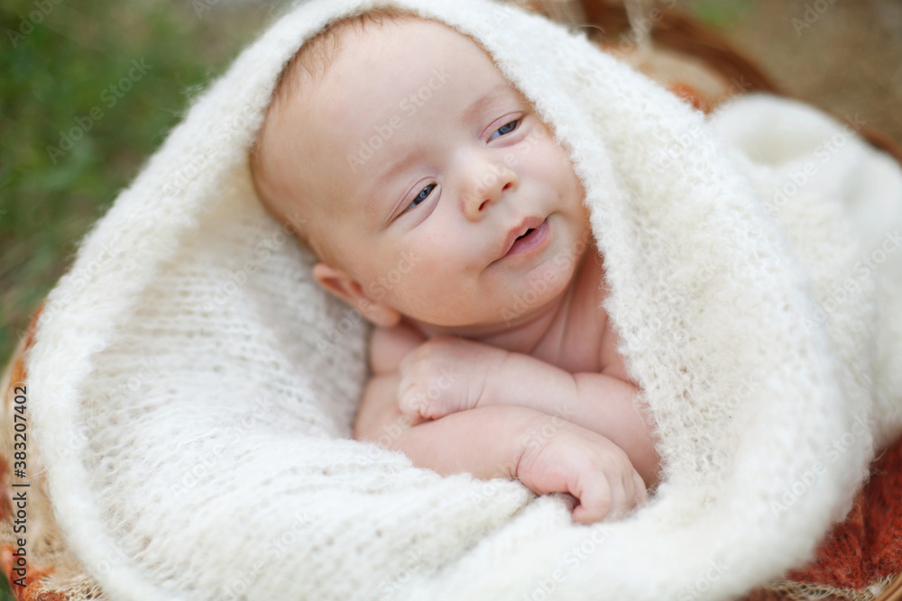 A small Two-month-old baby is lying on his stomach with his head up wrapped in a soft white fluffy blanket A small Two-month-old baby is lying on his stomach with his head up wrapped in a soft white fluffy blanket