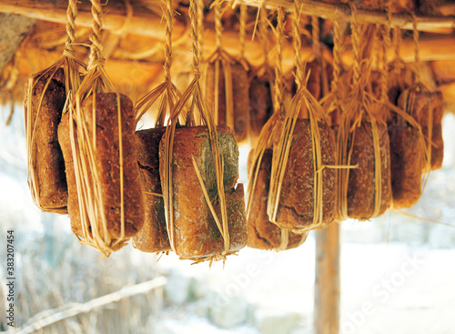 Korean fermented soybeans hung under the eaves