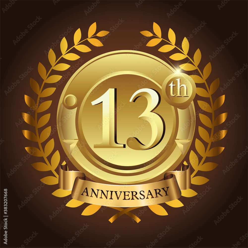Fototapeta premium 13th golden anniversary wreath ribbon logo